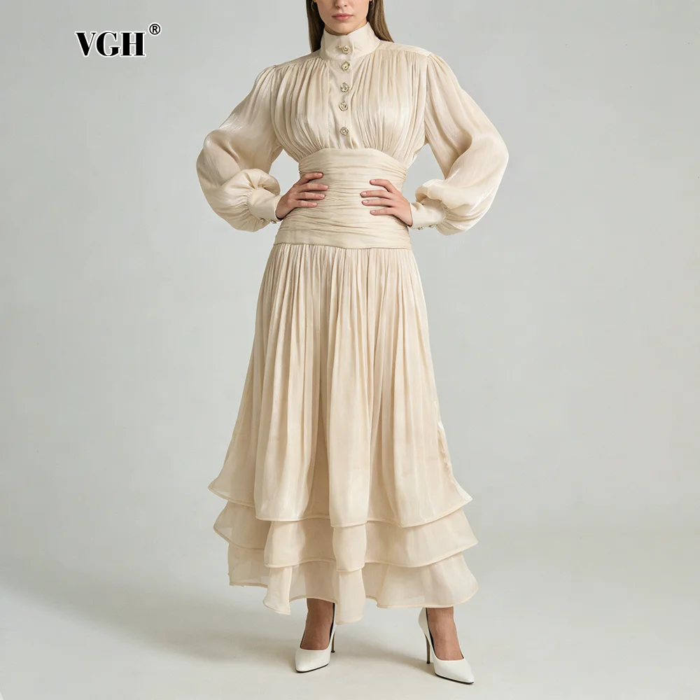 

VGH Luxury Afternoon Tea High Neck Pleated Maxi Dress for Women Puff Sleeve Ruched Waist Tiered Flared Skirt for Wedding Guest