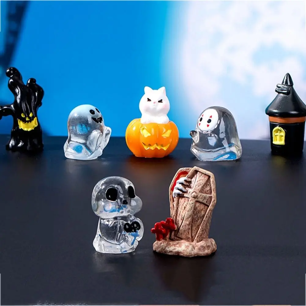 Bola de cristal para ornamentos de mesa, micro paisagem, halloween, fofo, fácil de transportar, mini resina, fantasma sem rosto, abóbora