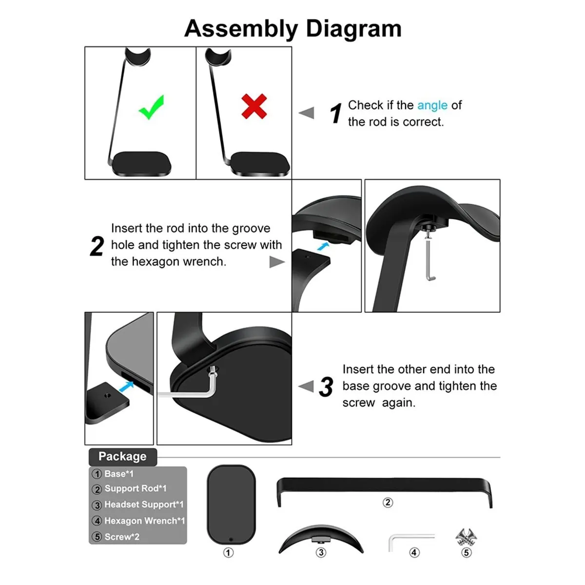 Stable- Headset Holder with Aluminum Supporting Rod Heavy Base Desk Stand Headphones Support Holder with Wireless Charging Black
