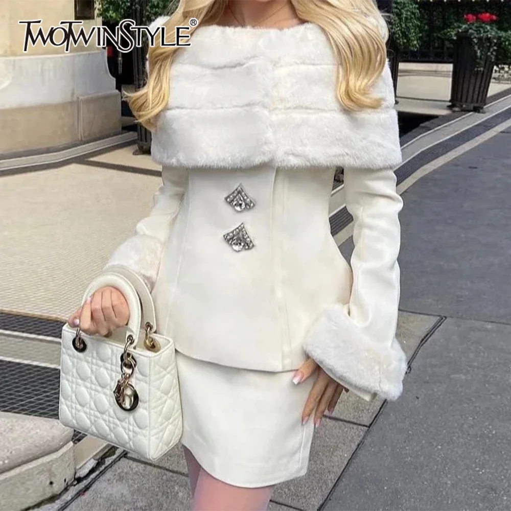 

TWOTWINSTYLE Solid Spliced Diamonds Two Piece Set For Women Slash Collar Long Sleeves Top High Waist Skirt Slimming Sets Female