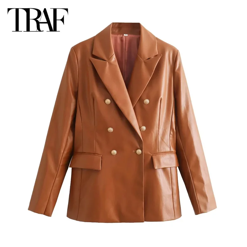 Traf Lange Pu Leren Blazer Bovenkleding Dames Herfst Elegante Lange Mouw Blazer Jas Dames Mode Kantoor Bruin Zwart Blazer