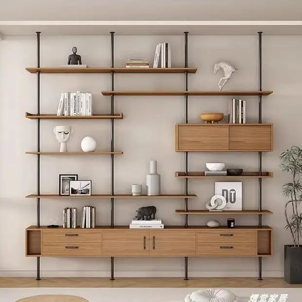 

Solid wood bookshelf integrated baffle floor office storage living room display wrought iron adjustment shelf wall bookcase