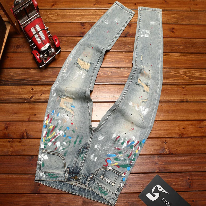 

Broken hole retro jeans men's summer trend fashionable nostalgic classic street ruff handsome slim fit small leg denim pants