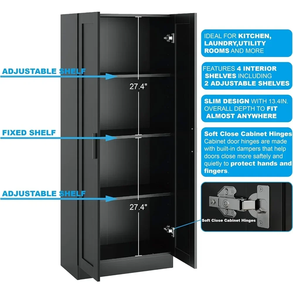 خزانة تخزين خشبية من بانانا، خزائن مخزن ضيقة، خزانة تخزين طويلة قائمة بذاتها مع بابين ورفوفين (أسود)