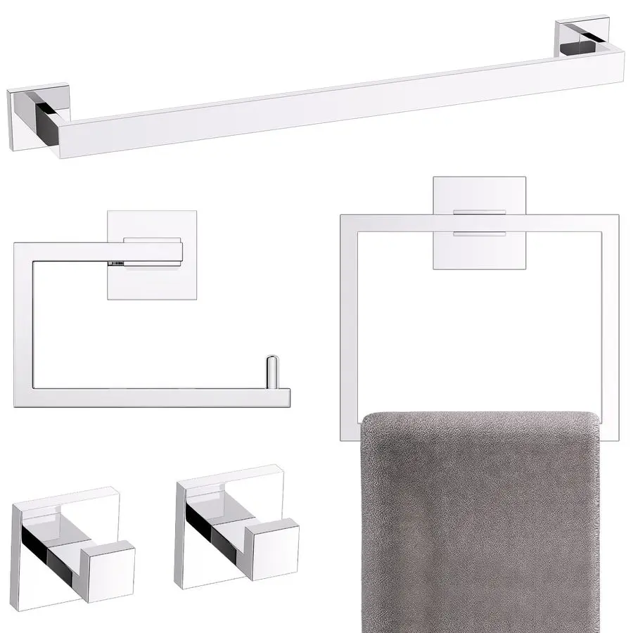 

5Piece Bathroom Hardware Accessories Set 23.6 inch Towel Bar Set Modern Towel Rack Kit Stainless Steel Wall Mounted Polished Chr