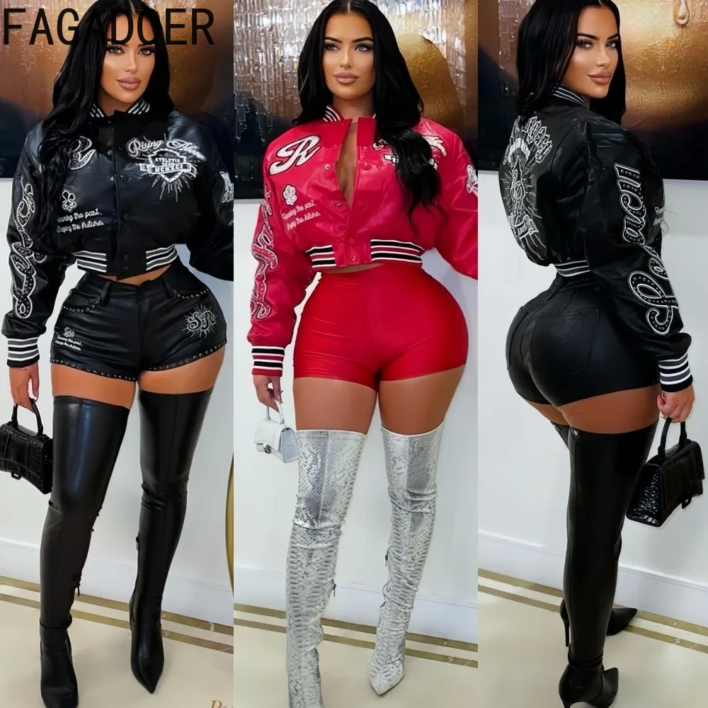 

FAGADOER Fashion Leather Patchwork Bodycon Jacket for Woman Letter Embroidery Long Sleeves Crop Top Female Streetwear Clothing
