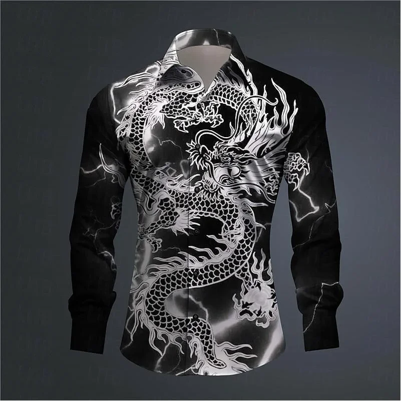 Men's Dragon 3D Print Long Sleeve Button Up Shirt Outdoor Street Casual Beach Style Fashion Hawaiian Shirt