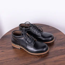 Black Tea Core Cowhide Goodyear Work Boots Men's Wear-resistant Round Toe Lace Short Tube Men's Casual High-top Work Shoes