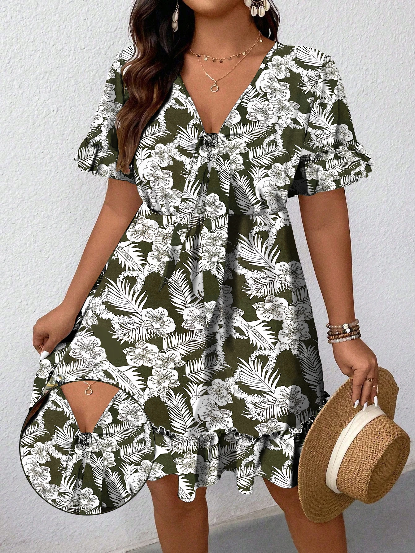 Plus Size Women Floral Dress V Neck Tie Front Short Ruffle Sleeve Tropical Print Ruffle Hem Summer Casual A Line Dress