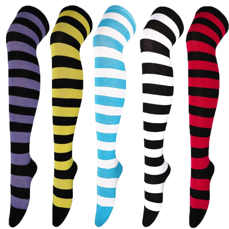 Over Knee Long Socks Fashion Stripe Printed Cotton Stockings Japanese Color Girl Striped Sock Women Sexy Thigh High Warm Hosiery