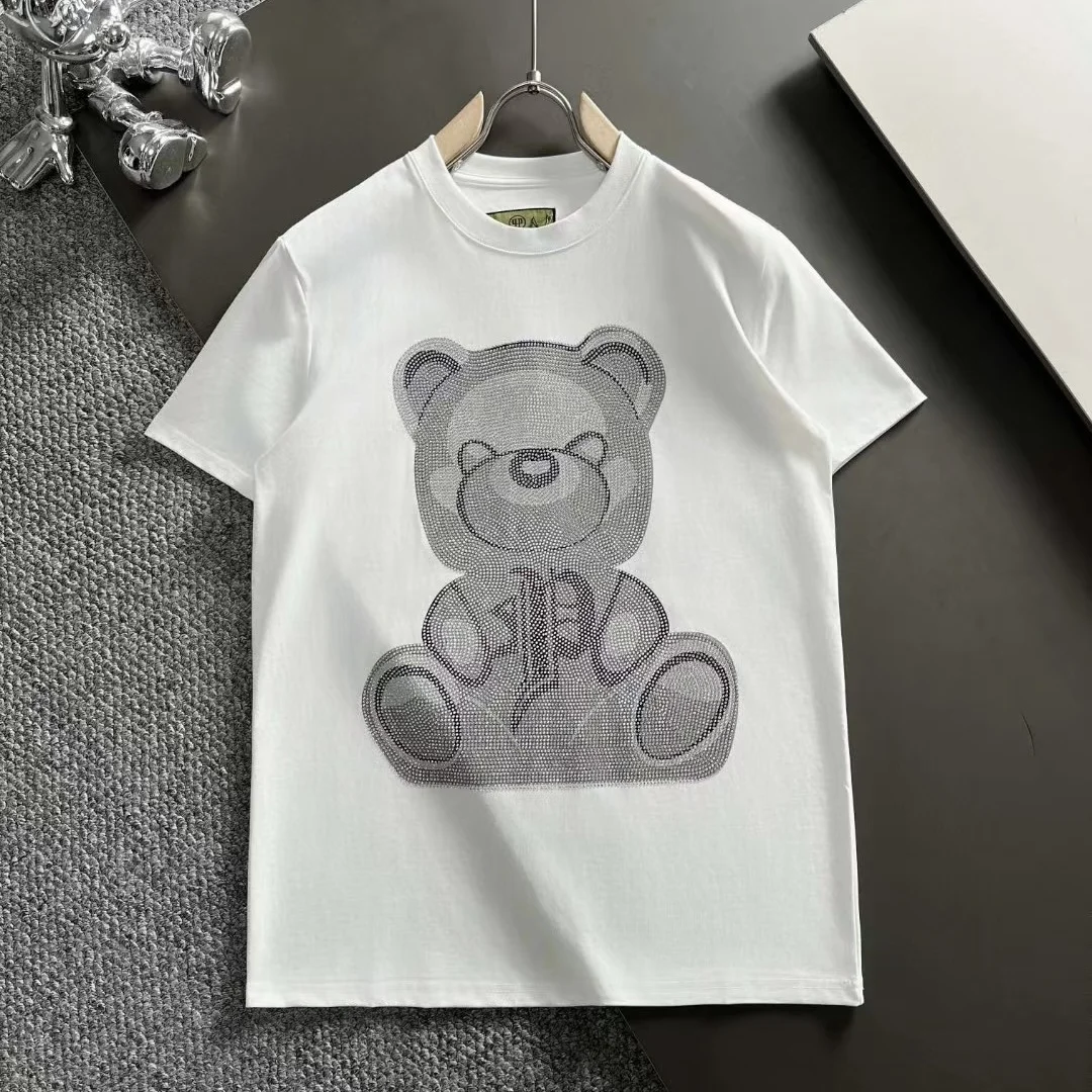 

Alex Plein Rhinestones Teddybear Crystals Men's Fashion Clothing Couple Streetwear 2024Summer Cotton Shortsleeve Crewneck Tshirt