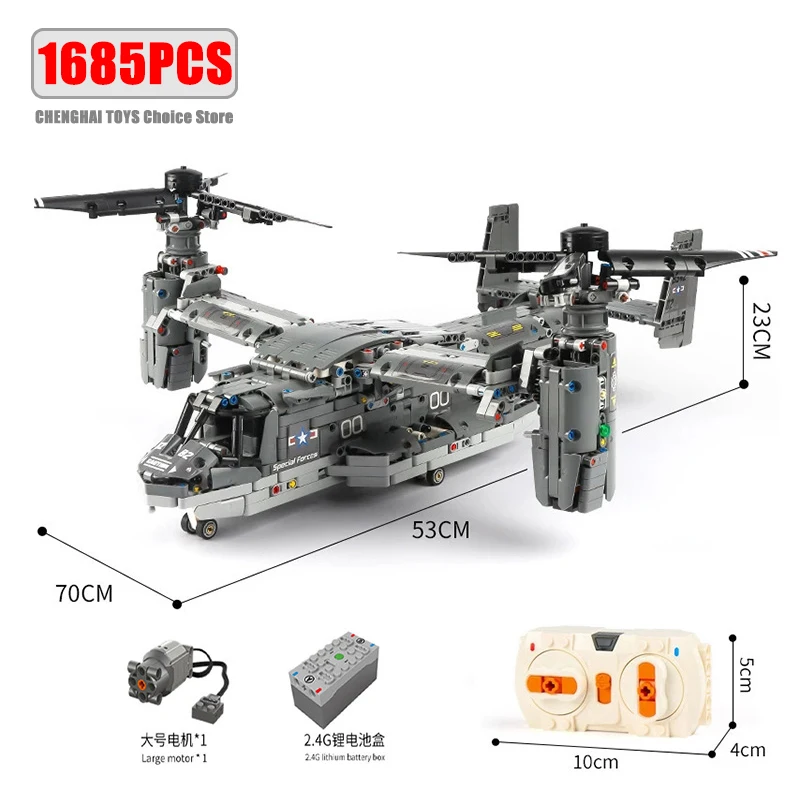 WW2 Technical Electric Osprey Transport Aircraft Building Blocks High-Tech Sets Military Fighter Bricks Boys Toys for Kids Gifts