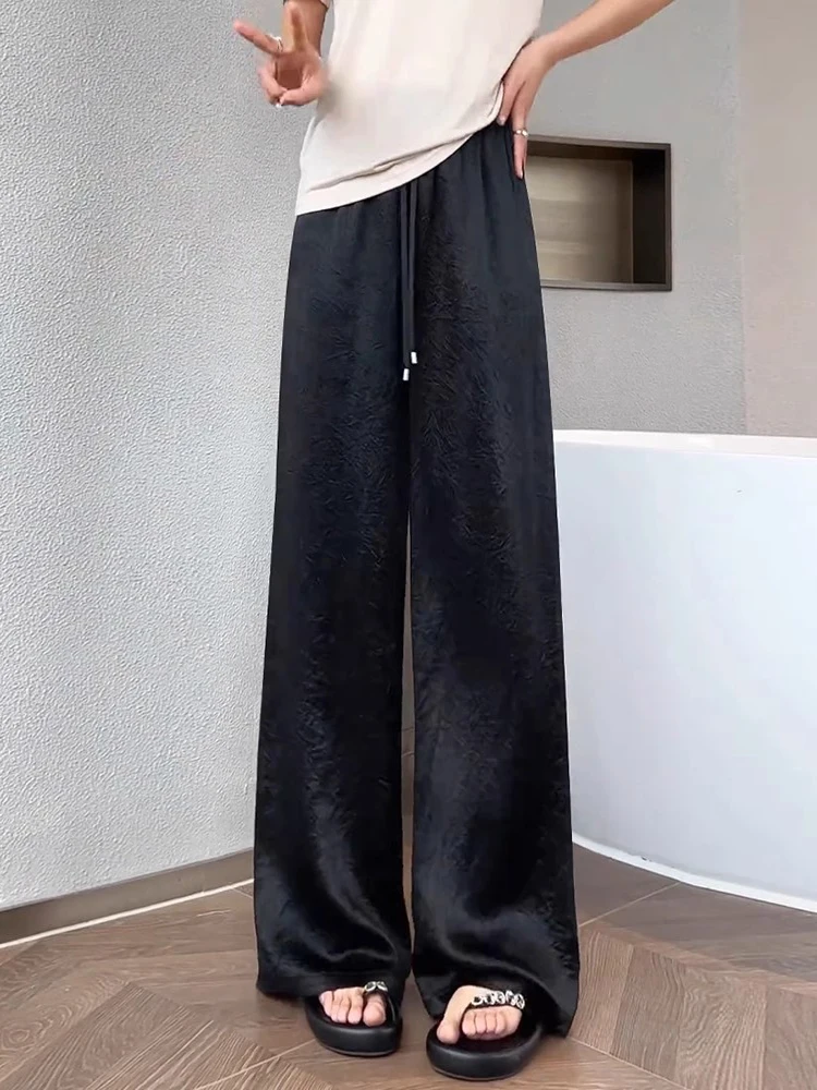 

Black Acetate Satin Women's Summer Thin Casual Long Pants High Waist Draping Wide Leg Trousers Dream Wisdom Elegant Commute S...