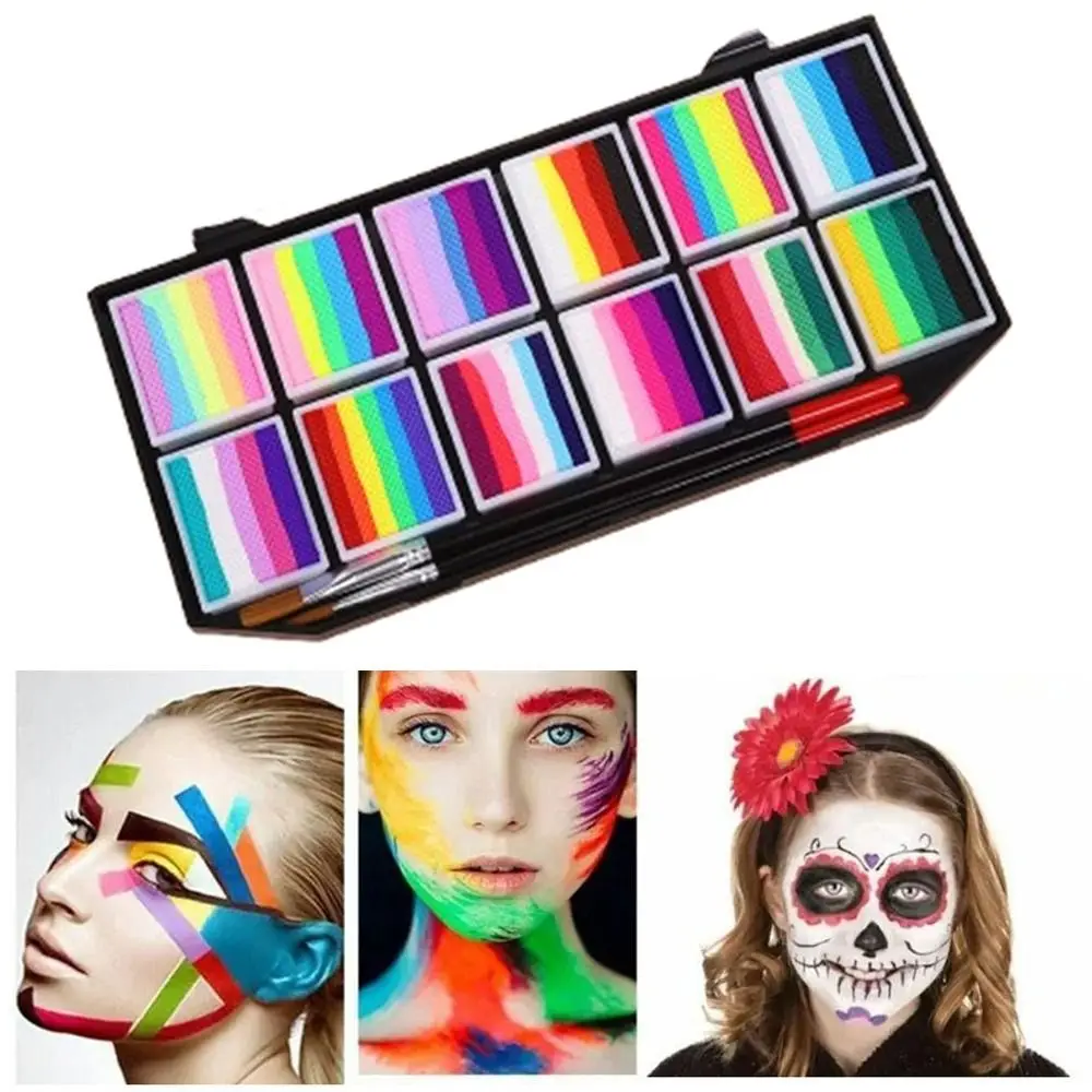 

Rainbow Striped Multicolour Body Face Painting Kit Makeup Long Lasting Halloween Makeup Tool Non-toxic with Brush