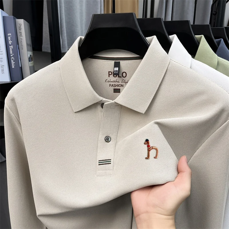 Men 100% Cotton Polo Shirt Long Sleeve Embroidered Logo Pique Knit Breathable Soft Premium Quality Casual Business Autumn Winter