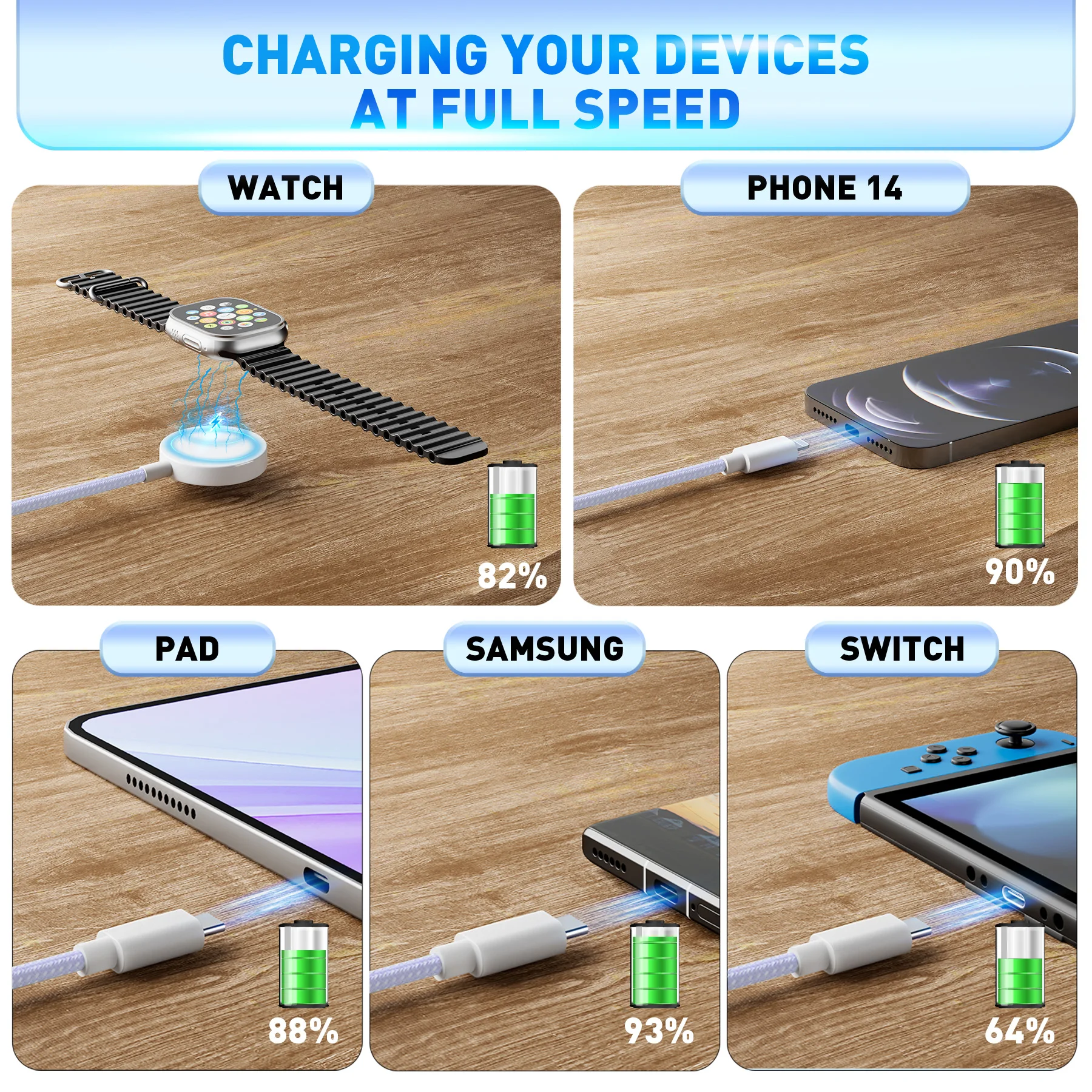 Cable de datos USB C 3 en 2 adecuado para cargador Apple Watch con múltiples cables de carga rápida