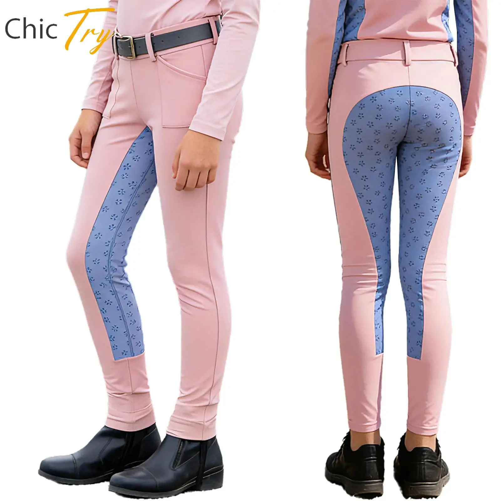 

Kids Girls Horse Riding Clothing Outdoor Sports Pants Trousers Equestrian Breeches Elastic Waistband Tight Leggings with Pockets
