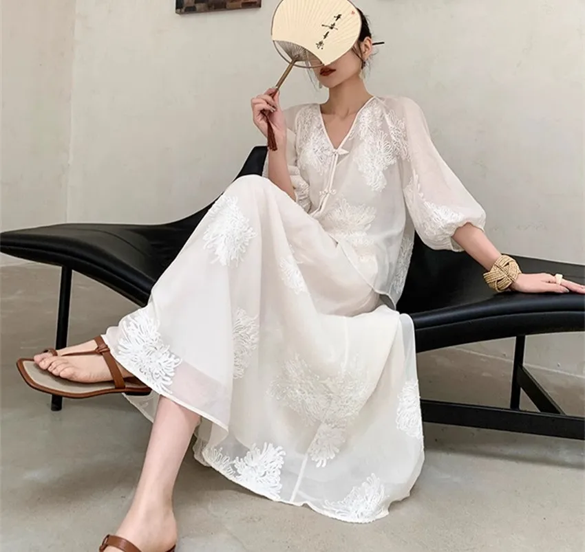 

New Retro Chiness Style Summer 2 Piece Set 2024 Fashion Women V Neck Embroidery Flower Beaded Button Loose Tops +Long Skirt Suit