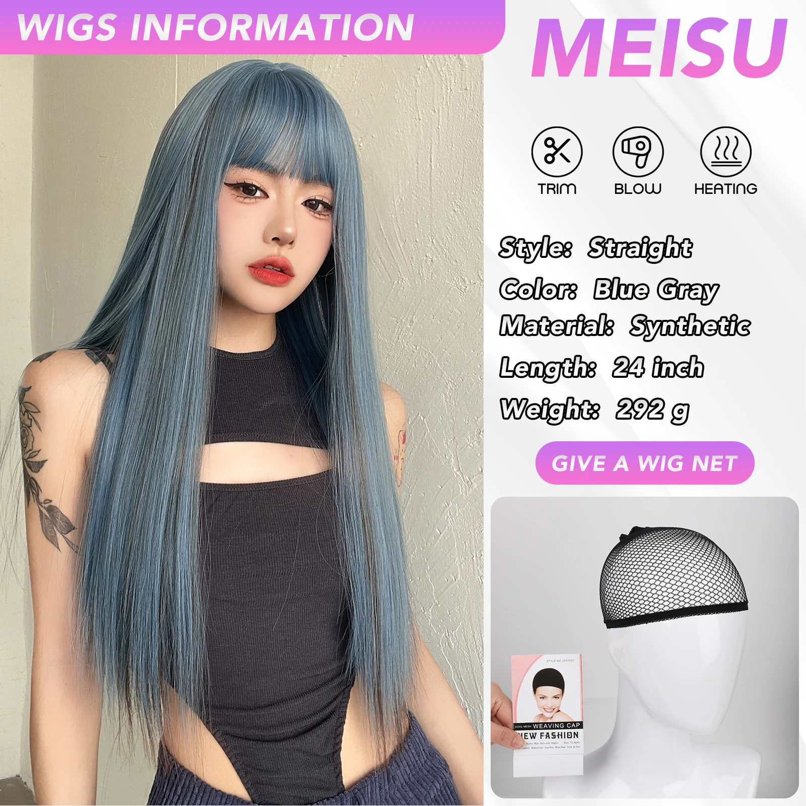 MEISU 여성용 블루 그레이 가발, 에어 앞머리, 24 인치 스트레이트 섬유 합성 가발, 내열성 내츄럴 파티 또는 셀카, 일상 사용