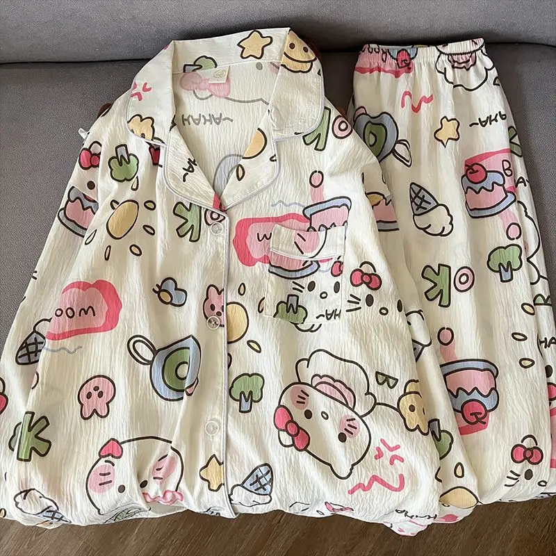 

Женский пижамный комплект с милым рисунком «Hello Kitty» Kawaii Sanrios, студенческая одежда для сна в стиле аниме для девочек, мягкая удобная весенне-осенняя домашняя одежда
