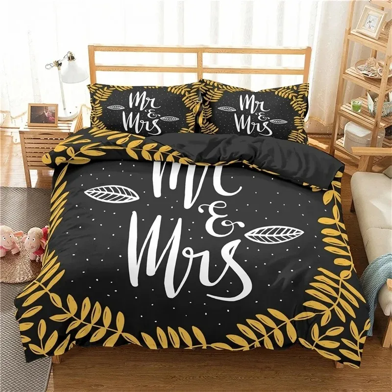 Lover Couples King Queen Duvet Cover Black and White Printed Bedding Set for Adults Valentine's Day Bedroom Decor Quilt Cover