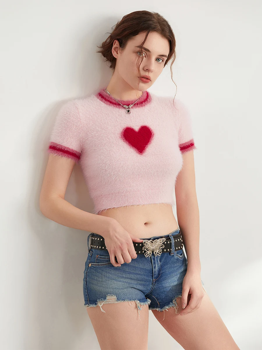 wsevypo Sweet Summer Knit Cropped T-Shirts Women's Short Sleeve Crewneck Short Sweaters Pullover Heart/Cherry/Star Pattern Tees