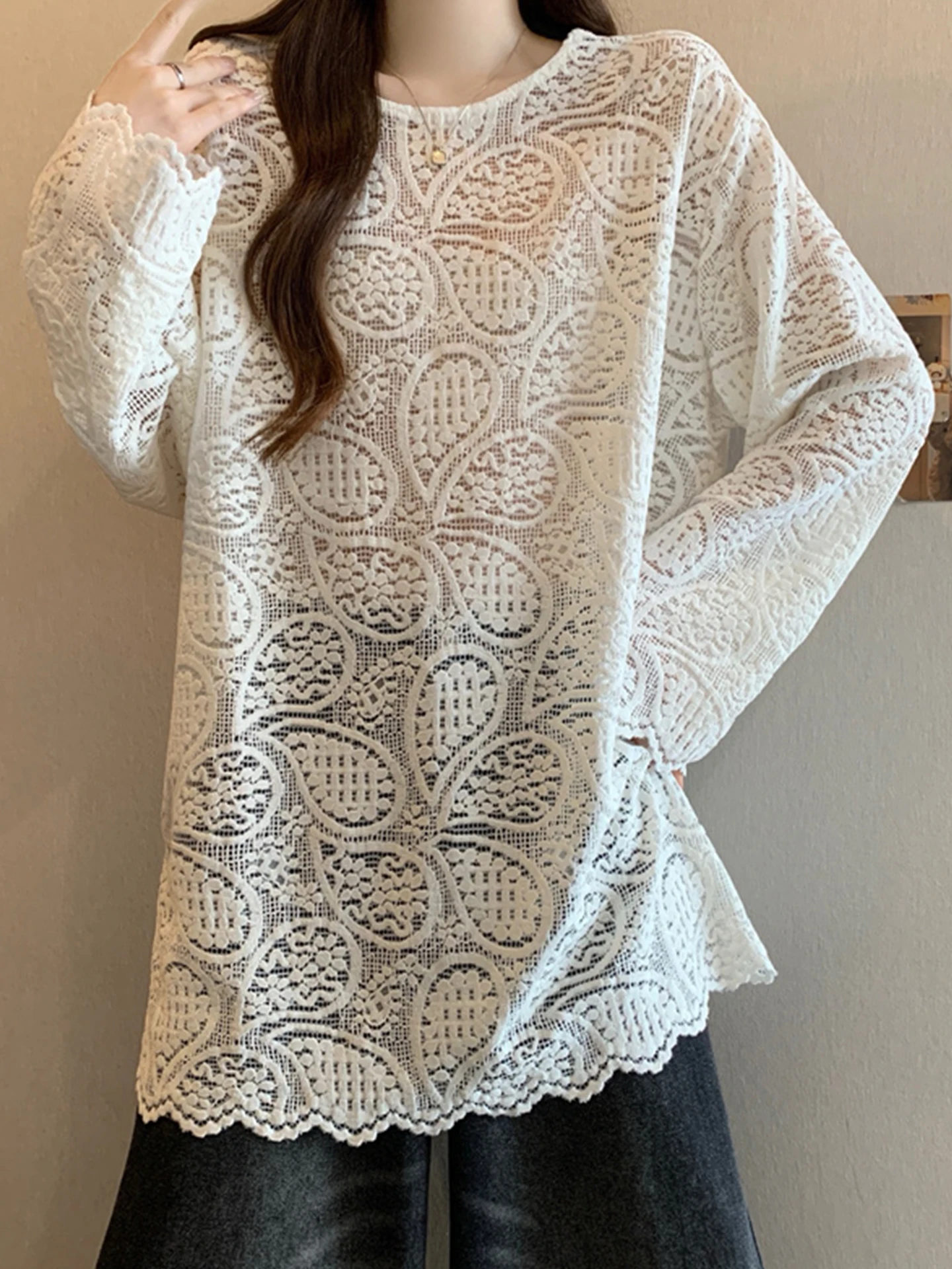 

Korean Sle Lace irt Women's Spring Autumn plus Size Hides Belly Slimming Hollow out Mid-Length Long Sve Blouse