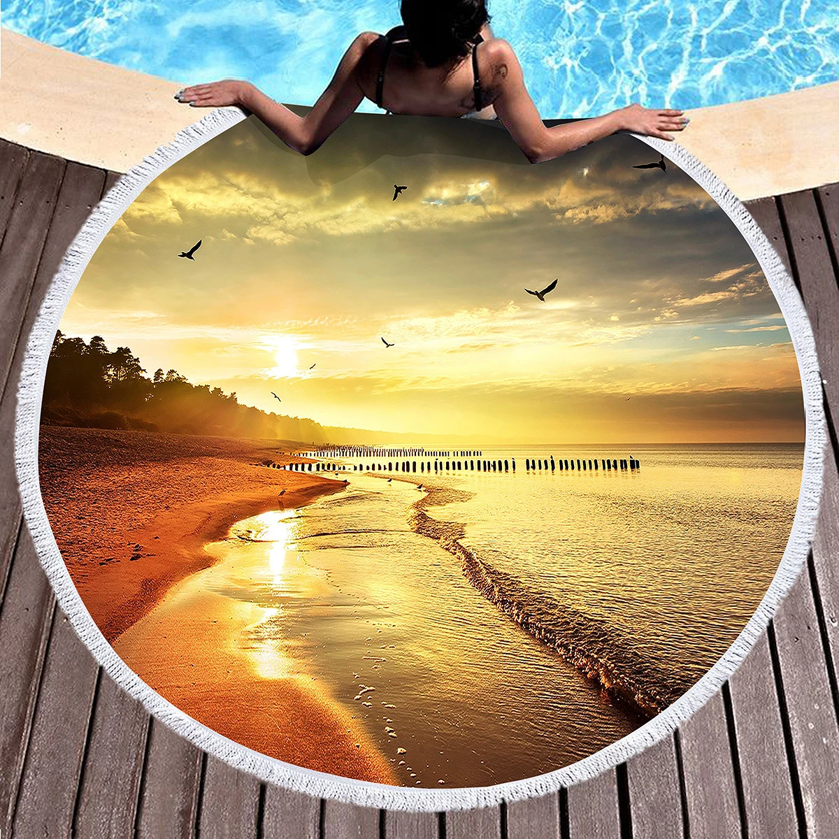 Sunset Landscape Round Beach Towel, Microfiber Beach Seawater Beach Blanket Lightweight Absorbent Circle Swim Towel with Tassels