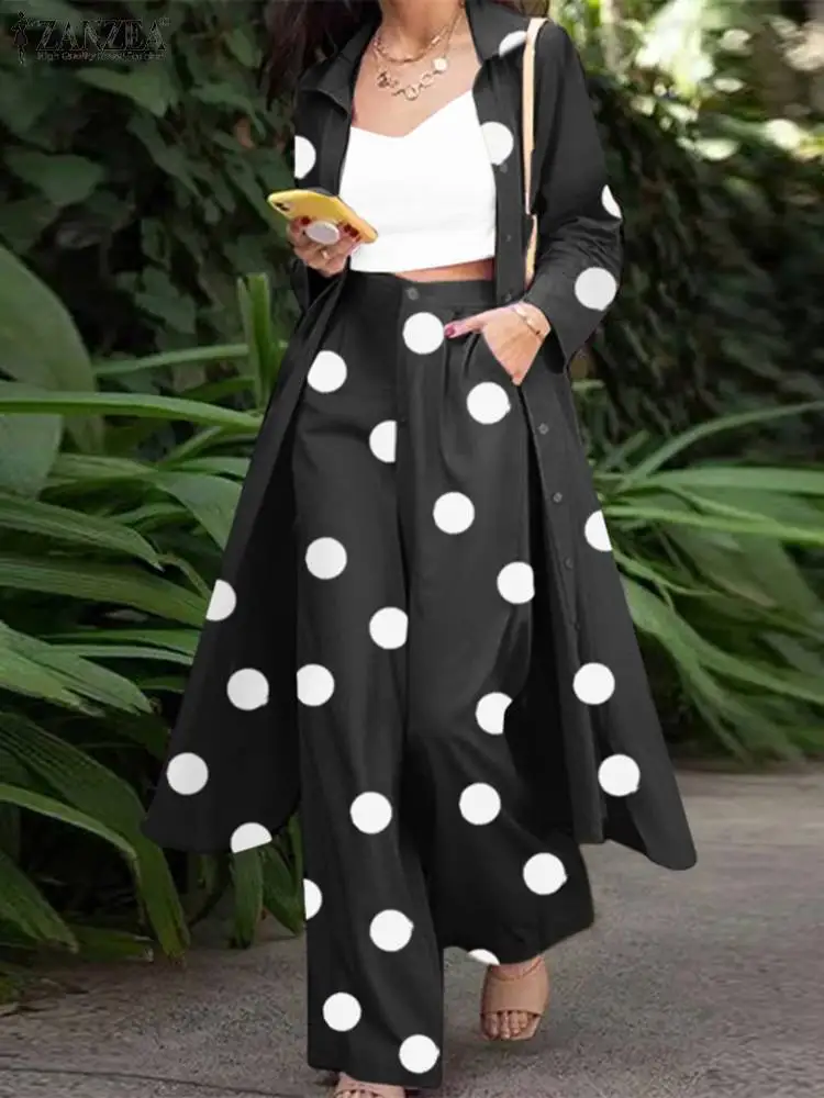 Fashion Women Tracksuit 2PCS Spring Long Sleeve Blouse Wide Leg Trousers Suits ZANZEA Bohemian Polka Dot Pant Sets Loose