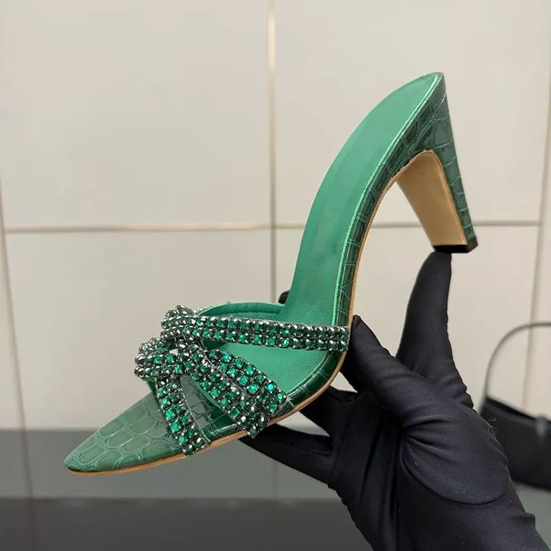 New Women Open Toe High Heels Slippers Bling Bling Rhinestone Decor Thin Heels Sandals  Summer Sexy Dress Shoes Wedding Shoes