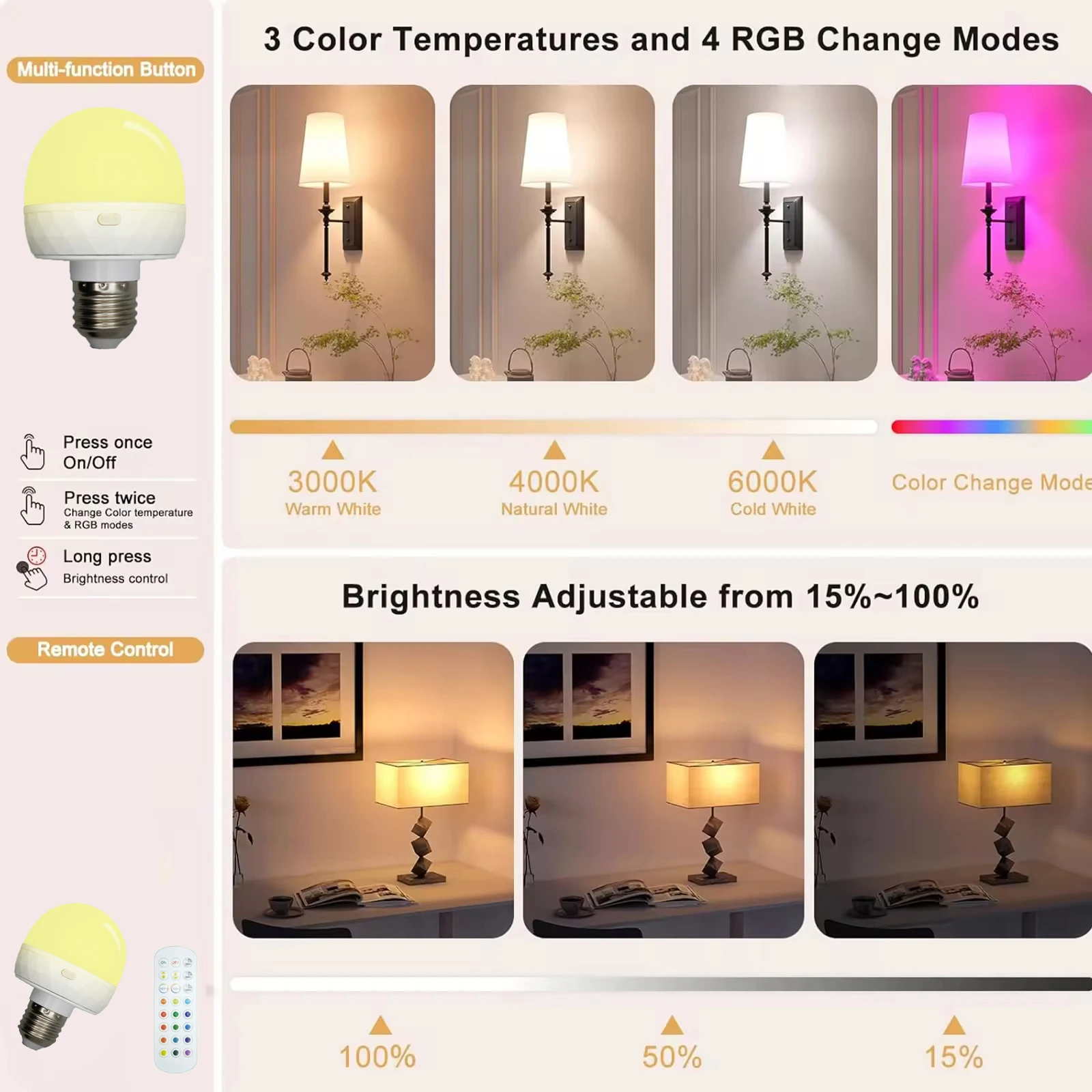 rechargeable smart LED lights, E26/E27 base, with remote control adjustable color temperature and brightness lights, USB recharg