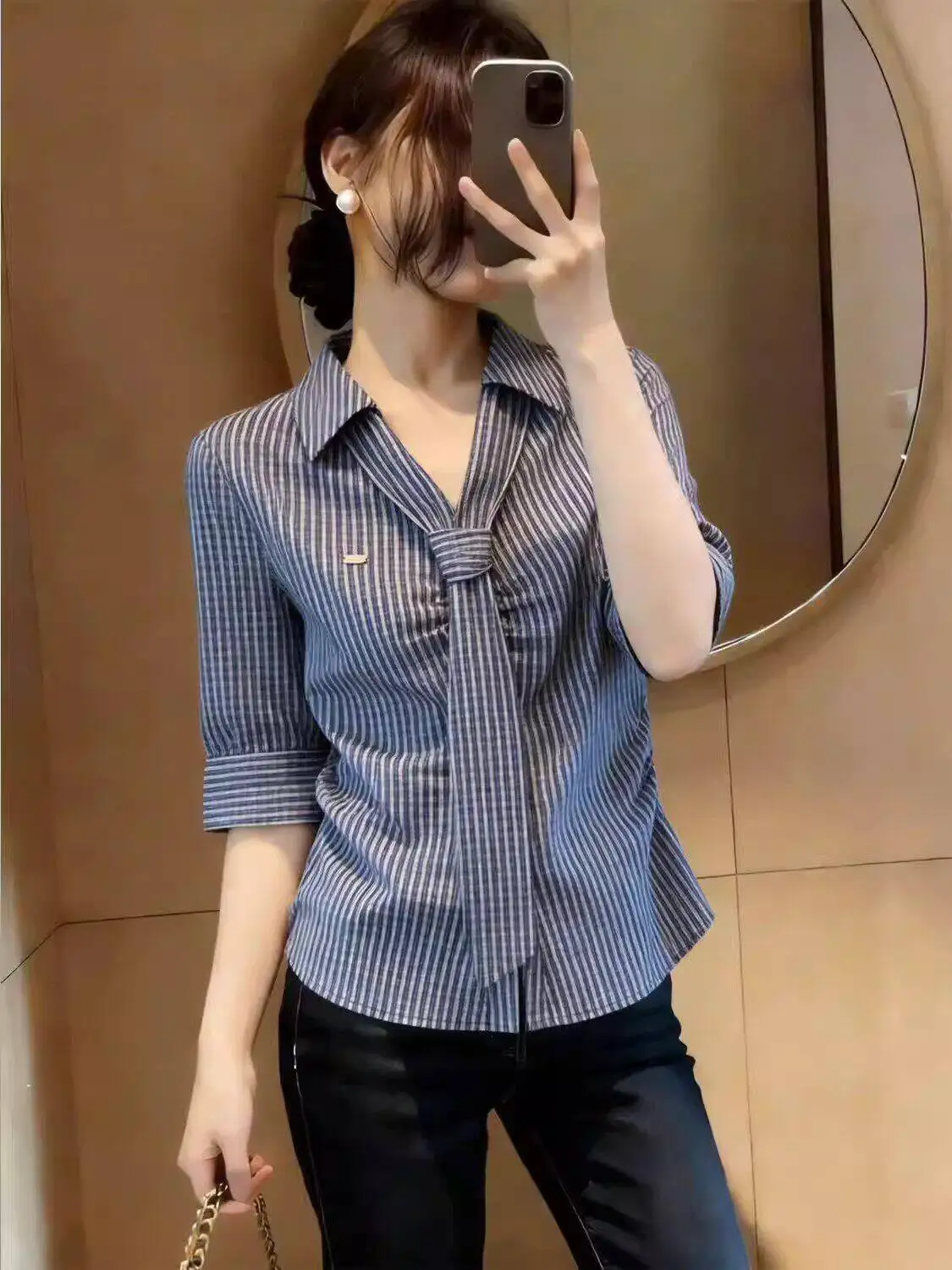 

Slim Fit Striped Shirt Women's Summer plus Size Tie Waist Short Sleeve Turn-down Collar Casual Fashion College Style Blouse
