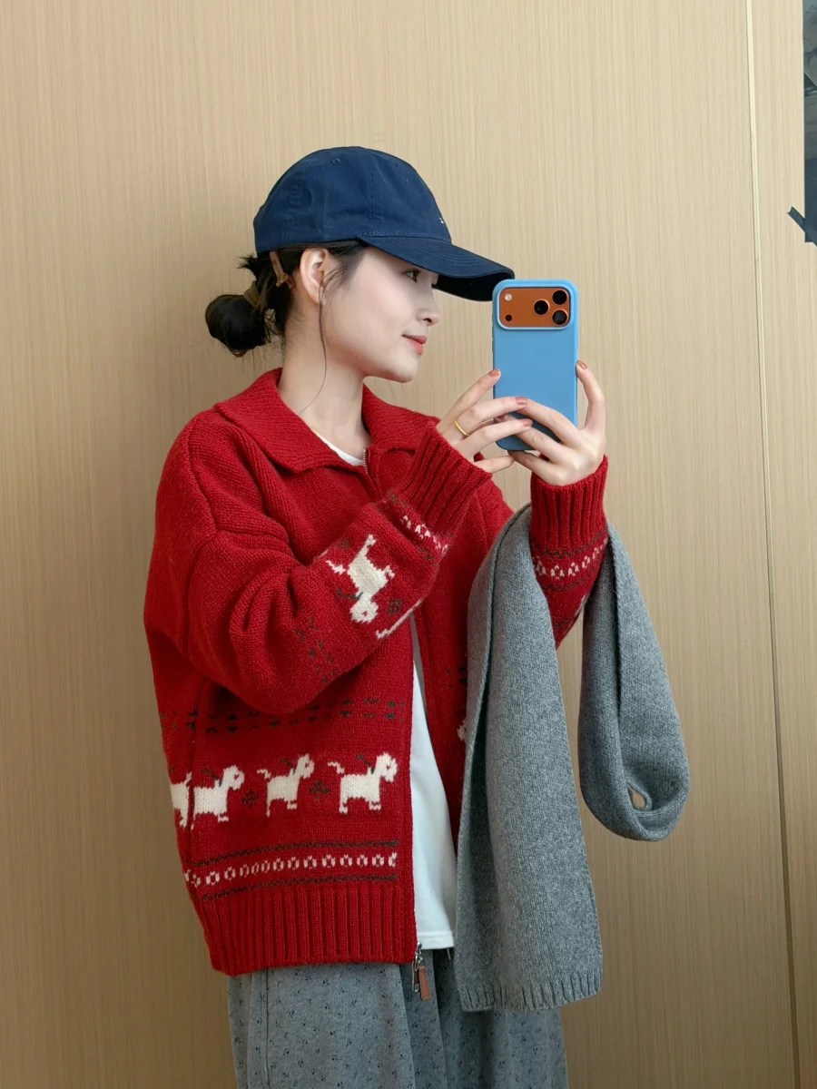 

Cisas Knitted Sweater Coat Women's Winter New Year Turn Collar Knitwear Red Flower Patterned Casual Loose Fit Long ...