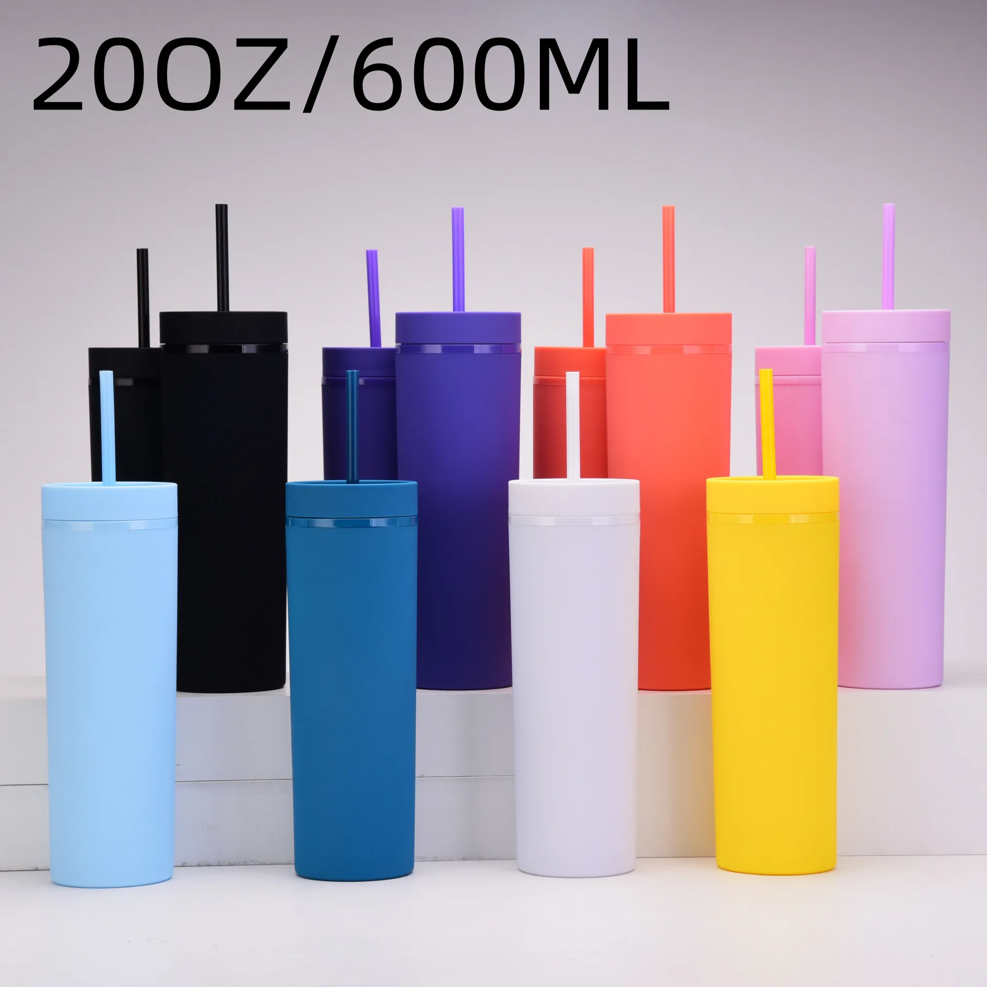 600ml 20oz plastic skinny tumbler skinny cup with straw and lid