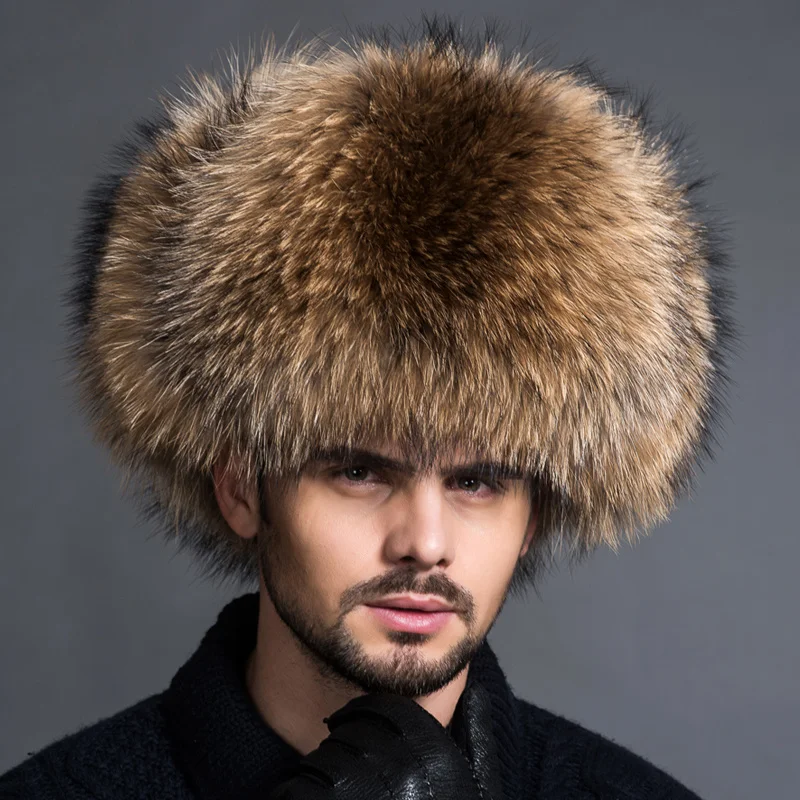 

Real Raccoon Fur Hat For Man Winter Warm Bomber Hat Real Leather Ear Warmer Caps Russian Man Thicken Ski Hats Natural Fur Caps