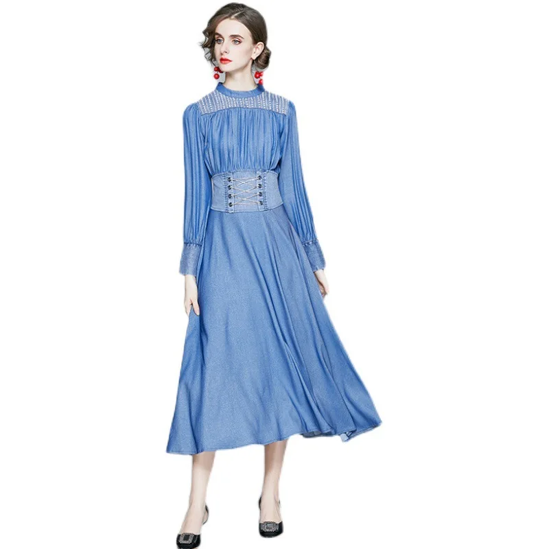 Temperament Denim dress women 2024 spring and autumn small vertical collar beads high waist pleated long-sleeved Dresses 24024