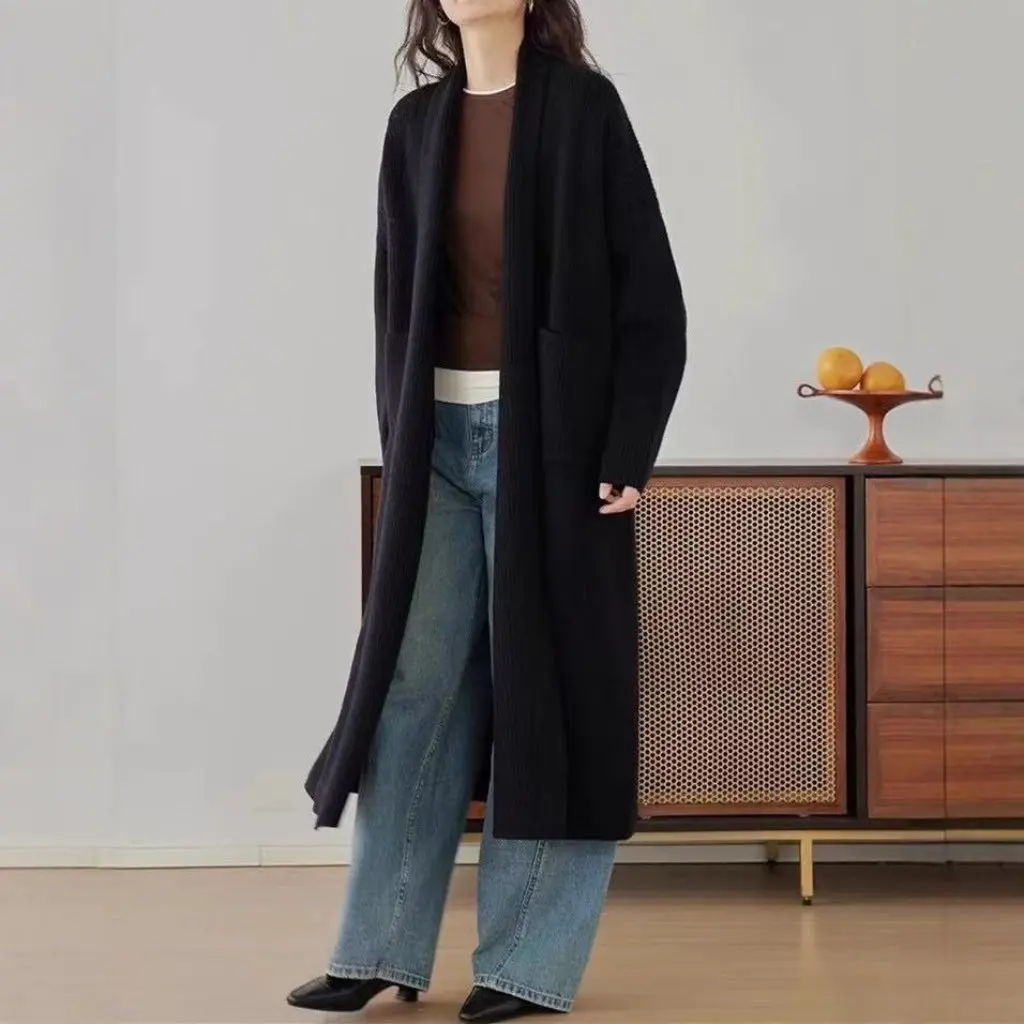 

Women's Mid-Length Sweater Cardigan Jacket High-End Spring Autumn Loose Thick Knitted Solid Color Outer Wear Lazy Style