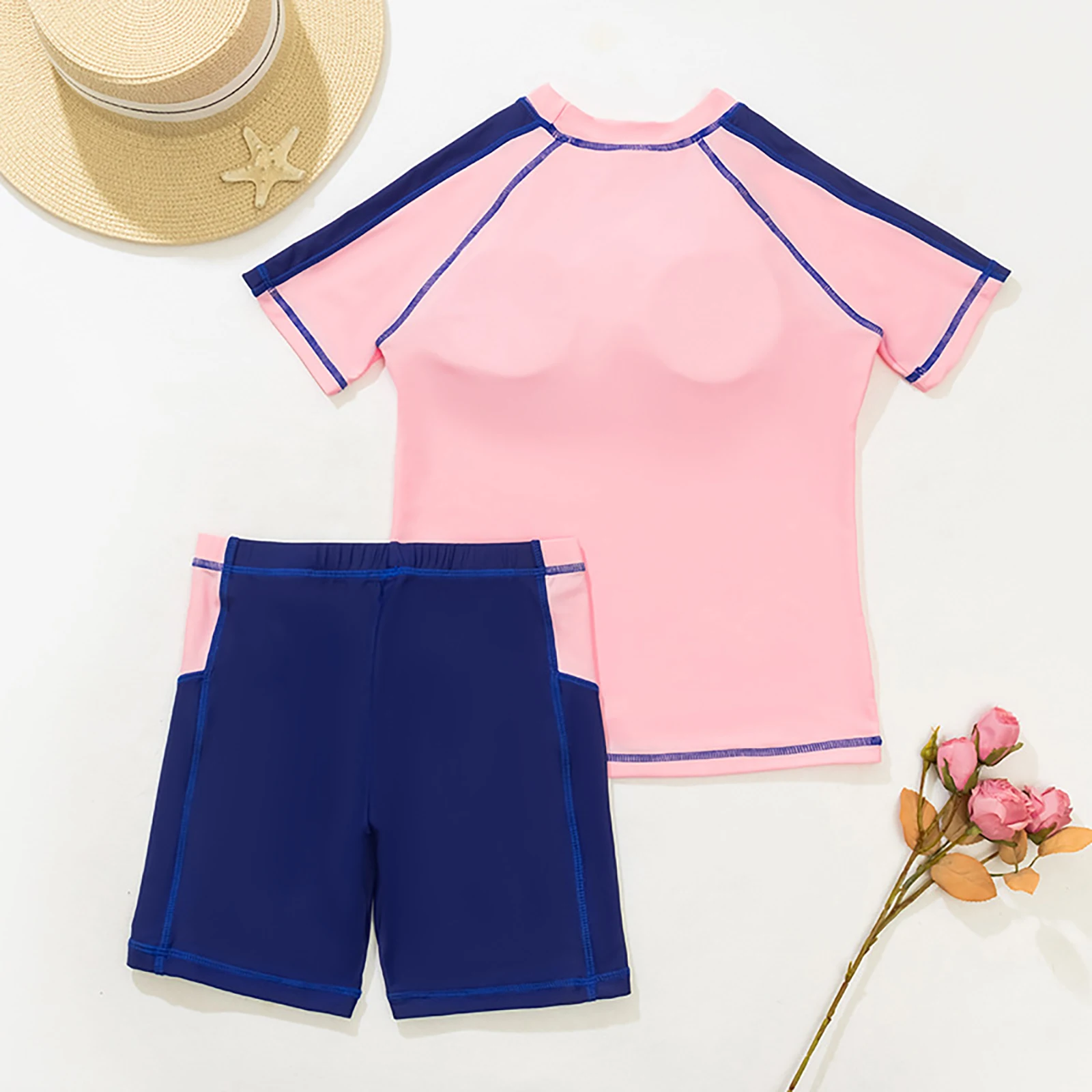 Kids Two Piece Rash Guard Swimsuit Swim Set Short Sleeve Top and Shorts Water Sport Swimwear UPF 50+ Sun Protection Bathing Suit