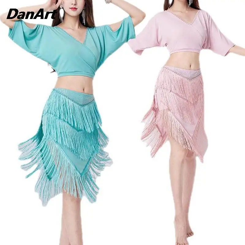 

Women Latin Dance Costume Set V-Neck Sexy Tops+Tassel Skirt Oriental Belly Dance Performance Suit Training Suit Female Clothing