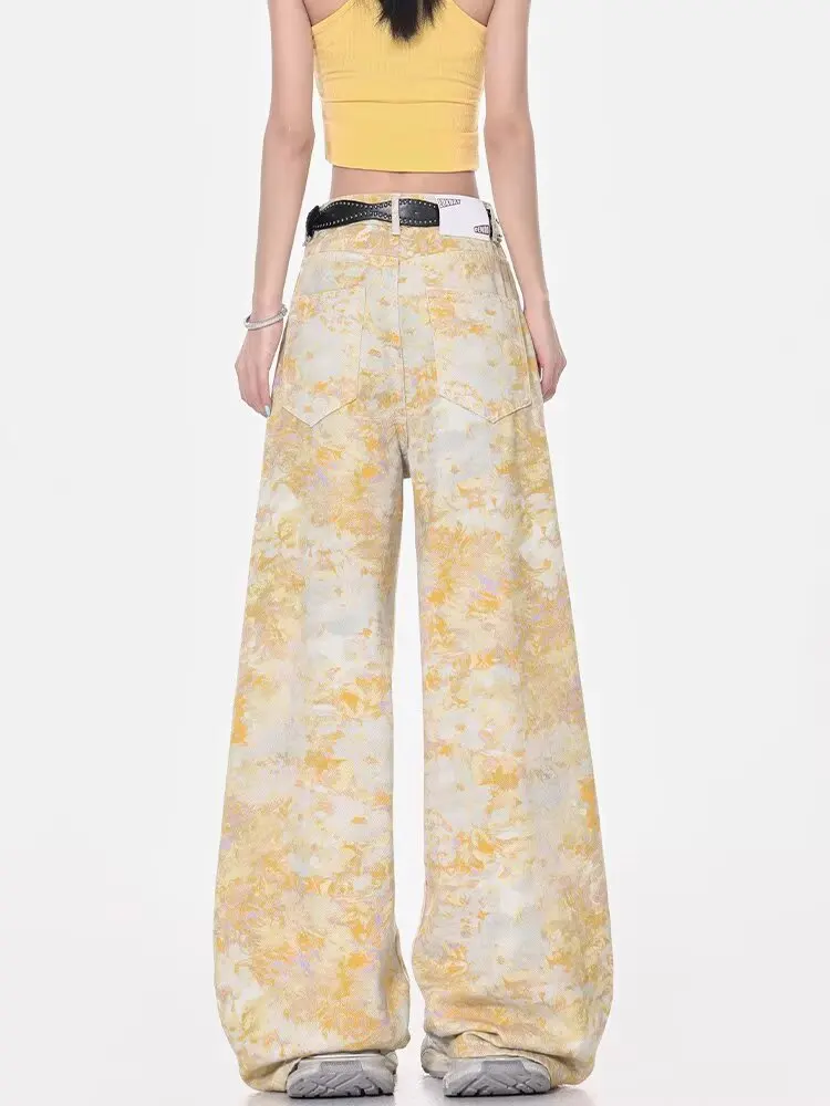 Y2K خمر الأزهار طباعة عالية الخصر شارع العليا مستقيم الجينز السراويل الكورية أزياء المرأة واسعة الساق فضفاض الدينيم بنطلون