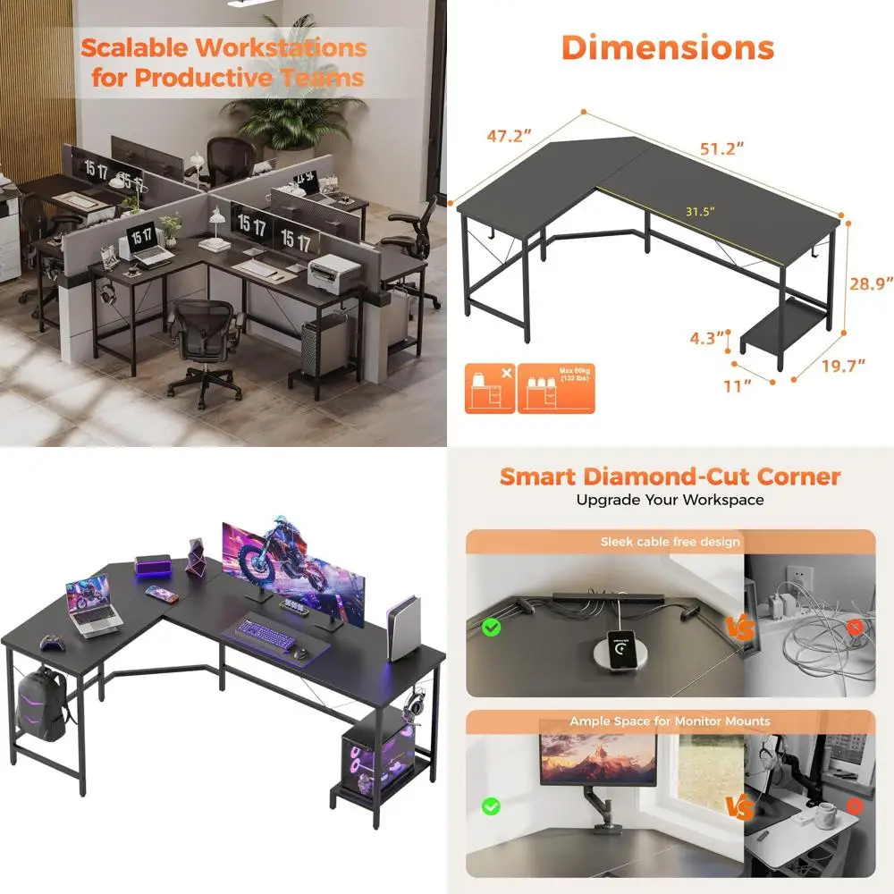

L-образный игровой стол, угловой компьютерный стол с подставкой для процессора, прочный большой игровой стол для домашнего офиса, письменная рабочая станция