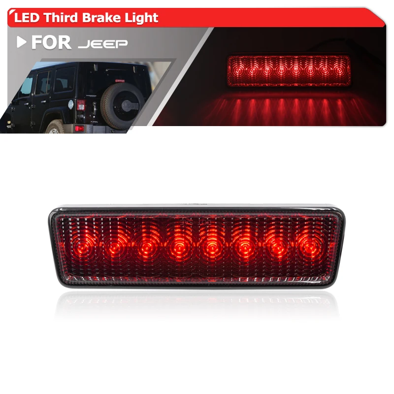 Fits For Jeep Wrangler JK 2007-2017 F1 Style Smoked Strobe 8-SMD Red Rear Led Third Brake Light Tail Lamp