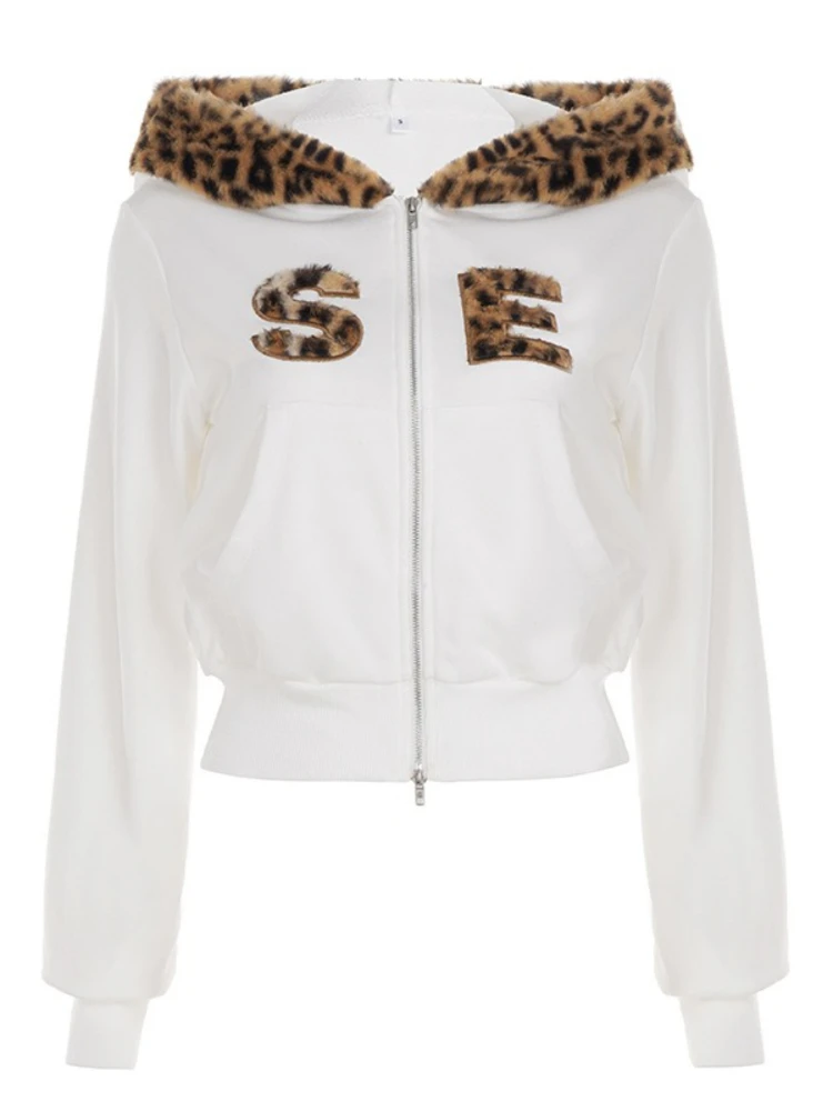 SsTss 2025 Women's Street Fashion Hoodie Letter & Leopard Print Long Sleeve Hooded Sweatshirt Fuzzy Crop Jacket Casual Outerwear