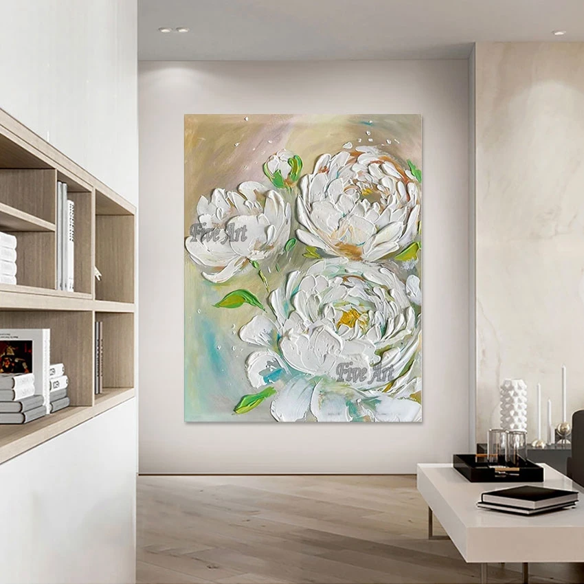 Knife Art White Thick Acrylic Textured Abstract Flower Painting Living Room Pictures Artwork Canvas Interior House Decoration