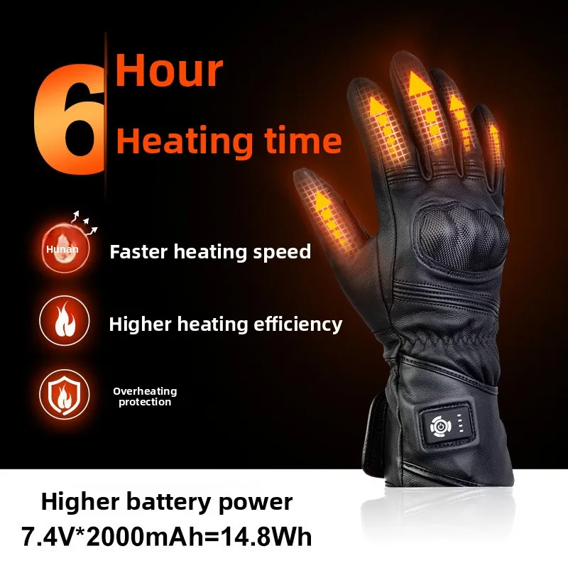 7.4V Heated Leather Motorcycle Gloves, Rechargeable Hard Knuckle Armor Waterproof Touchscreen Winter Racing Skiing Gloves