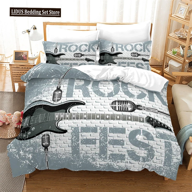 Guitar Queen Duvet Cover Rock Music Theme Bedding Set Grunge Color Splashed Brick Wall Background Electronic Guitar Mics Design