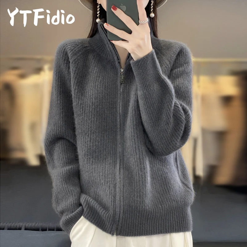 YTFidio 100% צמר נשים O-צוואר כרית רוכסן עבה קרדיגן נשים בגדי מעצב יוקרה קרדיגן גדול 363