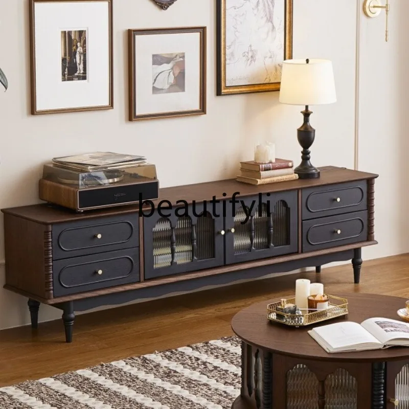 

French Retro Solid Wood American Vintage Audiovisual Chest of Drawers Italian Coffee Table TV Cabinet Set