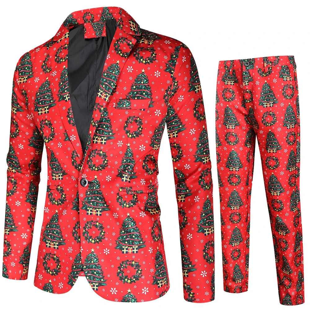 (Blazer + Pants ) Large Size Christmas Cartoon Print Costume Homme 2 Pieces Prom Stage Party Dress Up Slim Fit Men Suits Sets
