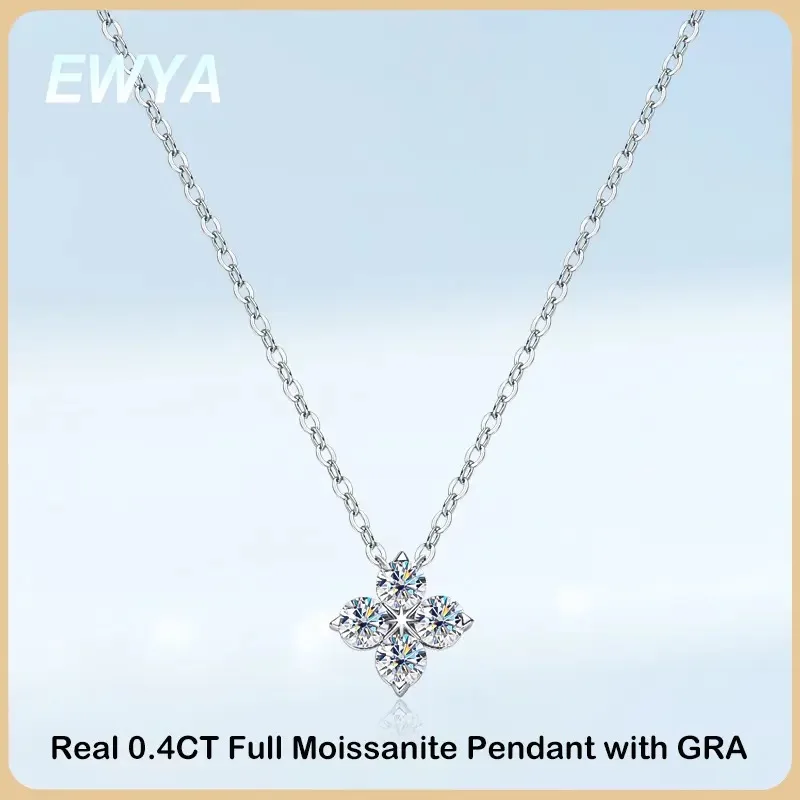 EWYA prawdziwy 0,4 ct Clover Moissanite wisiorek naszyjnik dla kobiet impreza S925 Sterling srebrny diament łańcuszek naszyjniki biżuteria